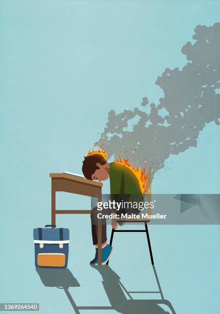 exhausted school boy with back and head on fire sleeping at classroom desk - education stock illustrations