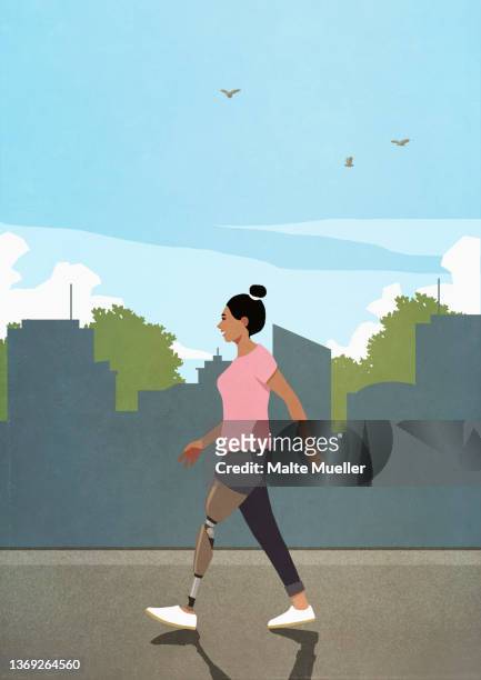 ilustrações, clipart, desenhos animados e ícones de woman with prosthetic leg walking on city sidewalk - amputado