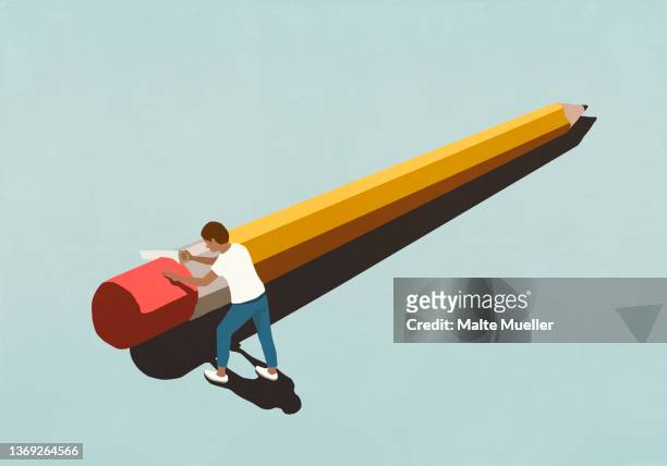 man sawing eraser off large pencil - education stock illustrations
