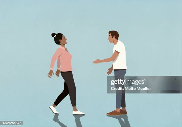 man with hand outstretched greeting surprised woman - handshake blue background stock illustrations