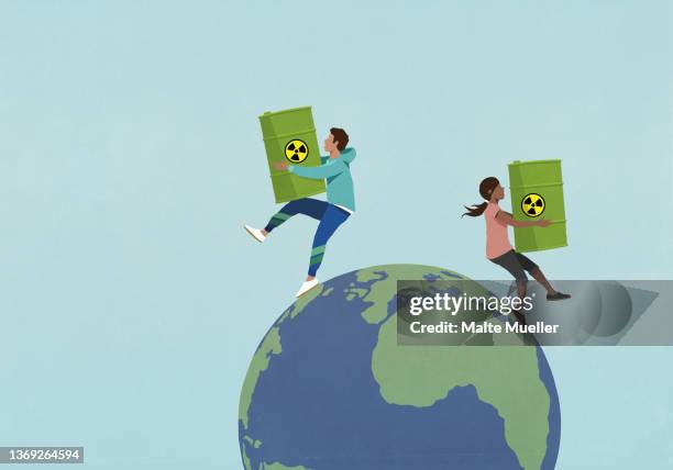 man and woman with hazardous oil barrels balancing on globe - gasoline stock illustrations