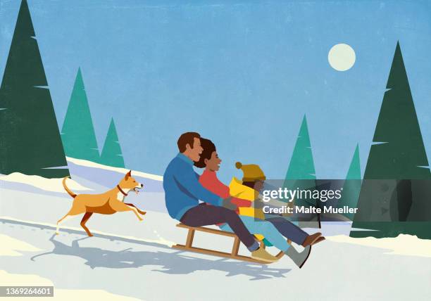 happy family with dog sledding on snowy winter slope - dog happy stock-grafiken, -clipart, -cartoons und -symbole