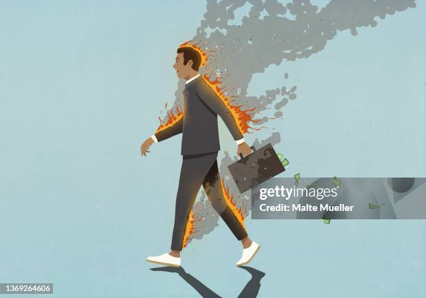 oblivious businessman with money briefcase on fire - oblivious stock illustrations