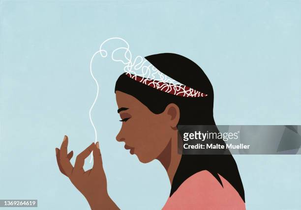 profile woman with open head pulling at string - eine frau allein stock-grafiken, -clipart, -cartoons und -symbole