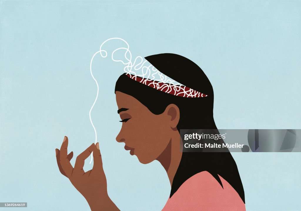 Profile woman with open head pulling at string