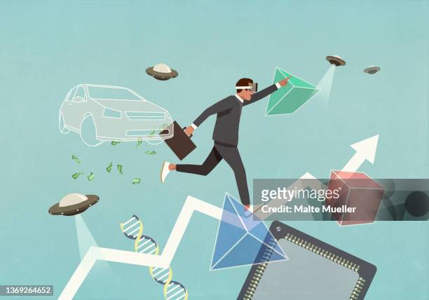 ambitious businessman in vr headset on ascending graph with ufos, car and geometric shapes - business stock illustrations