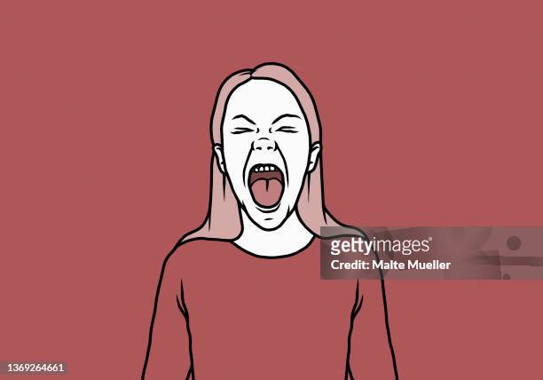 angry woman screaming with mouth open on red background - verärgert stock-grafiken, -clipart, -cartoons und -symbole