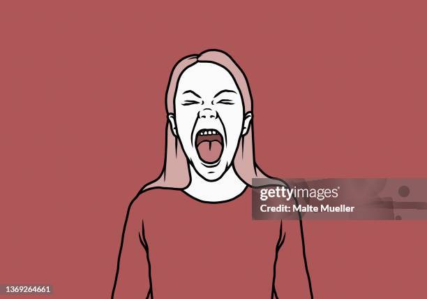 angry woman screaming with mouth open on red background - displeased 幅插畫檔、美工圖案、卡通及圖標