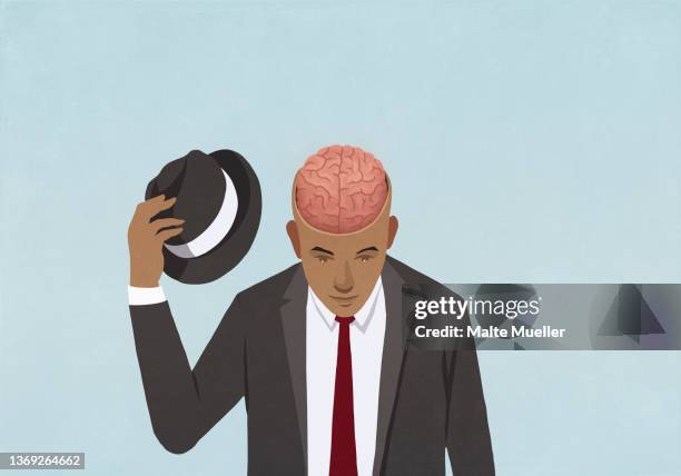 businessman removing top hat to reveal brain - 好奇心点のイラスト素材／クリップアート素材／マンガ素材／アイコン素材
