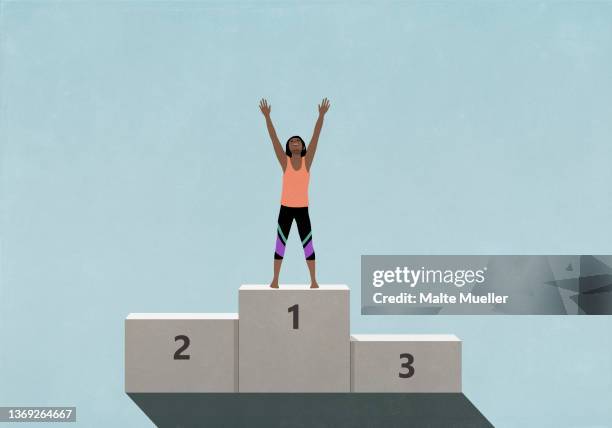 ilustraciones, imágenes clip art, dibujos animados e iconos de stock de victorious female athlete standing with arms raised, celebrating on 1st place podium - ropa de deporte