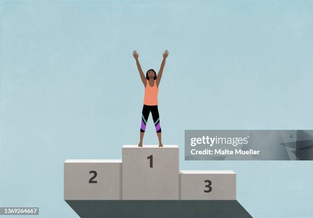 illustrazioni stock, clip art, cartoni animati e icone di tendenza di victorious female athlete standing with arms raised, celebrating on 1st place podium - podium