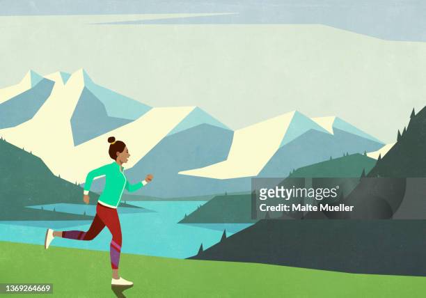 carefree woman jogging in idyllic mountain meadow - sports stock illustrations