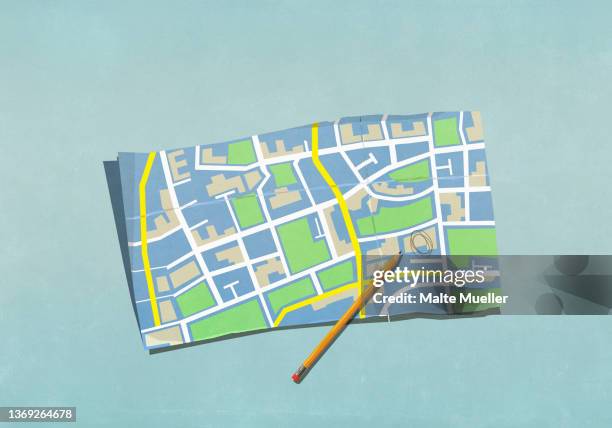 pencil drawing circle on map - karte navigationsinstrument stock-grafiken, -clipart, -cartoons und -symbole