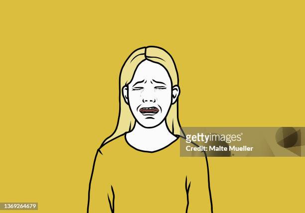 portrait sad woman crying with eyes closed on yellow background - platinum stock illustrations