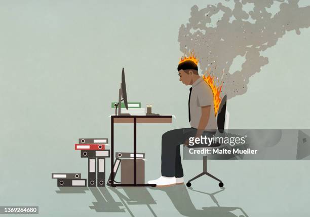ilustrações de stock, clip art, desenhos animados e ícones de businessman on fire working at computer at office desk - stress