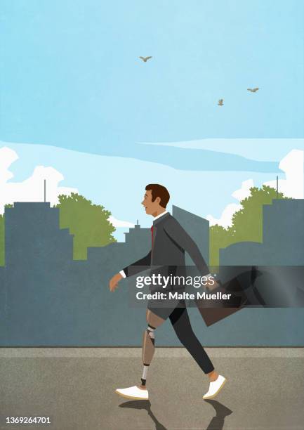 businessman with prosthetic leg and briefcase walking on city sidewalk - amputee stock illustrations