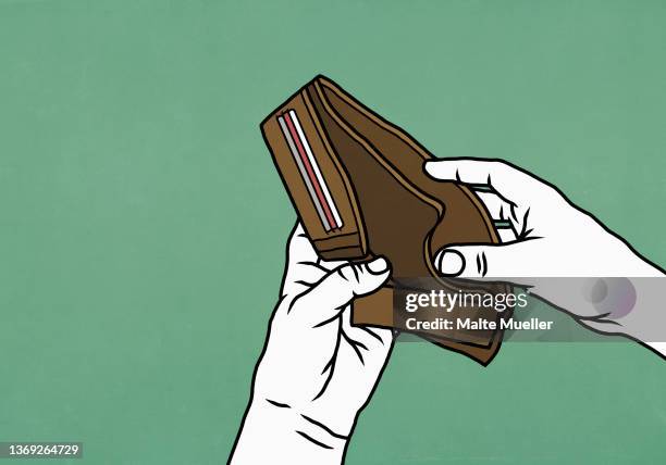 pov hands opening empty wallet on green background - heruntergekommen stock-grafiken, -clipart, -cartoons und -symbole