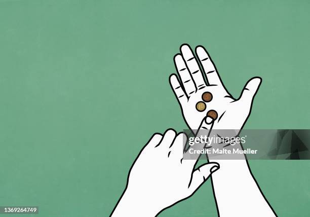 illustrazioni stock, clip art, cartoni animati e icone di tendenza di pov hand holding coins on green background - saving