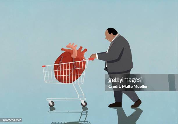 overweight businessman pushing shopping cart with enlarged heart - unhealthy living stock illustrations