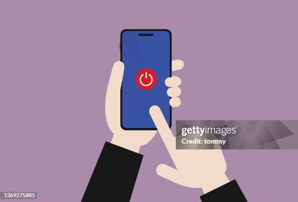 stockillustraties, clipart, cartoons en iconen met the businessman turns off a mobile phone - telephone switch