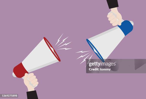 stockillustraties, clipart, cartoons en iconen met hand holds a megaphone for debate - working to get big money out of politics forum