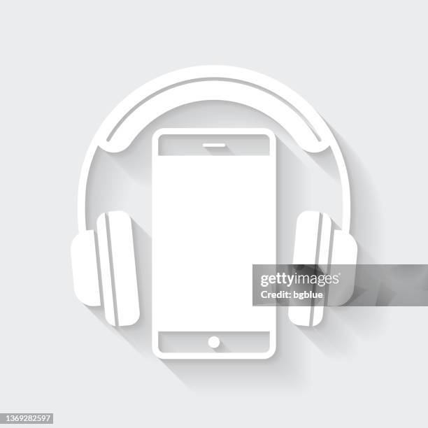 kopfhörer mit smartphone. icon mit langem schatten auf leerem hintergrund - flat design - box white flat stock-grafiken, -clipart, -cartoons und -symbole