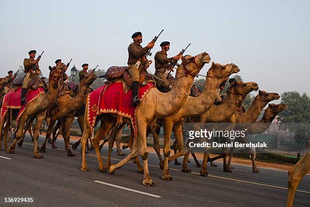 Indian soldiers mounted on camels march in preparation for the upcoming Republic Day parade on January 11, 2012 in New Delhi, India. Republic Day is...