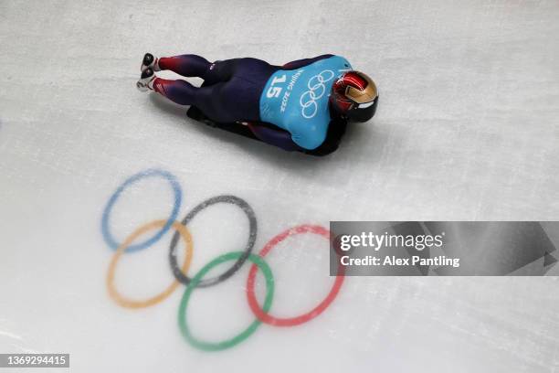 Sungbin Yun of Team South Korea slides during the Men's Singles Skeleton Training Run on day four of the Beijing 2022 Winter Olympic Games at...