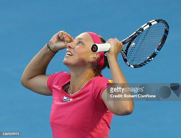 Yanina Wickmayer of Belgium celebrates a point againsts Shahar Peer of Israel during the singles semi final match on day six of the 2012 Hobart...