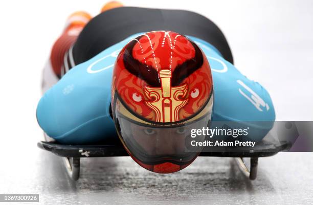 Yin Zheng of Team China slides during the Men's Singles Skeleton Training Run on day four of the Beijing 2022 Winter Olympic Games at National...