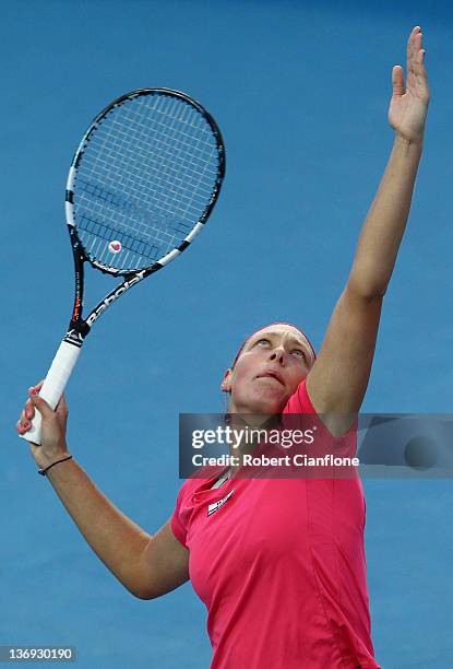 Angelique Kerber of Germany returns a shot to Mona Barthel of Germany during the singles semi final match on day six of the 2012 Hobart International...