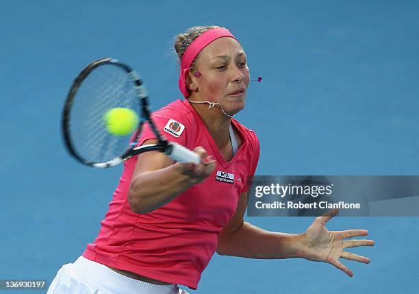 Yanina Wickmayer of Belgium returns a shot to Shahar Peer of Israel during the singles semi final match on day six of the 2012 Hobart International...