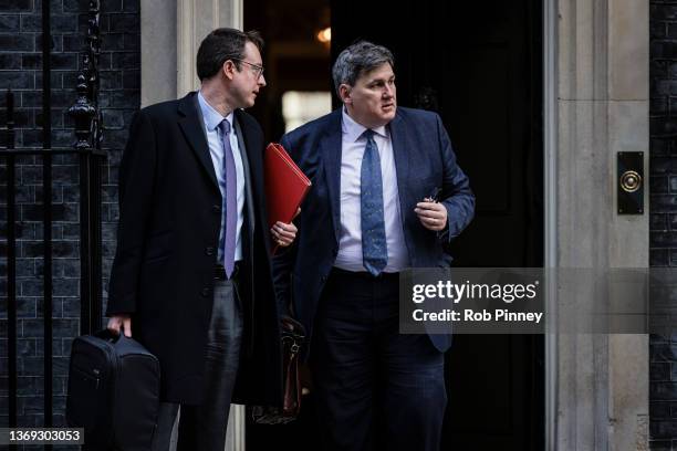 Chief Secretary to the Treasury Simon Clarke and Minister of State for Crime and Policing, Kit Malthouse, leave 10 Downing Street on February 08,...