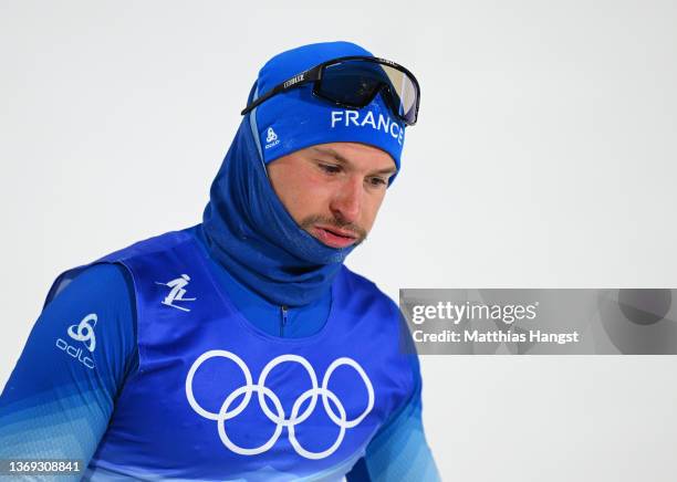 Renaud Jay of Team France reacts as they cross the finish line in last place during the Men's Cross-Country Sprint Free Quarterfinals on Day 4 of the...