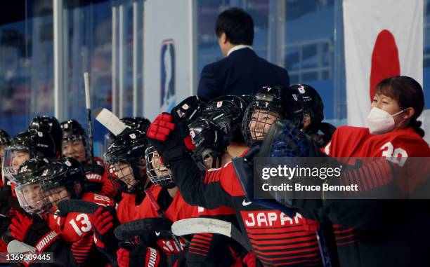 Ayaka Toko of Team Japan celebrates victory over Team Czech Republic after the penalty shoot out during the Women's Preliminary Round Group B match...