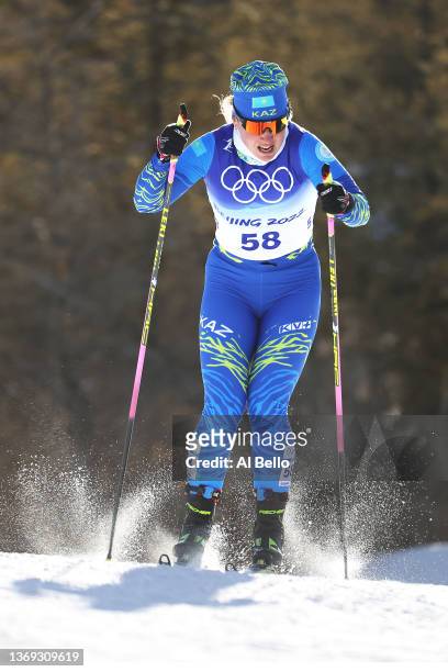 Irina Bykova of Team Kazakhstan competes during the Women's Cross-Country Sprint Free Qualification on Day 4 of the Beijing 2022 Winter Olympic Games...
