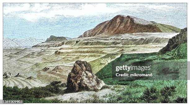 old engraved illustration of wave-cut platforms from the prehistoric lake bonneville in utah, usa - wood block stock pictures, royalty-free photos & images