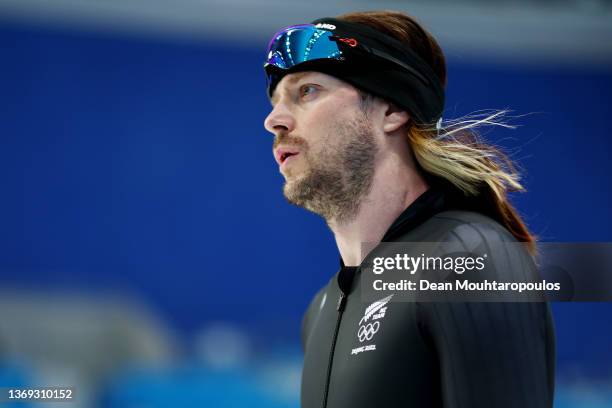 Peter Michael of Team New Zealand looks on during the Men's 1500m on day four of the Beijing 2022 Winter Olympic Games at National Speed Skating Oval...