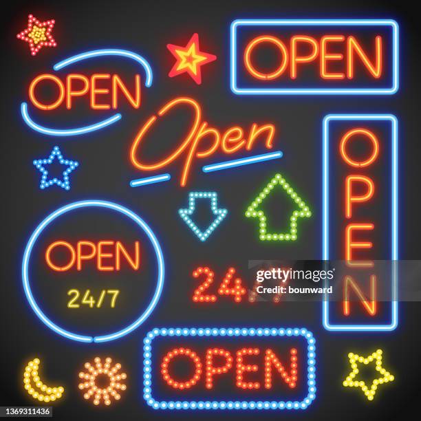 open neon sign set - light through door stock illustrations