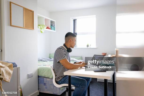 estudiante de la universidad masculina estudiando - residencia estudiantil fotografías e imágenes de stock