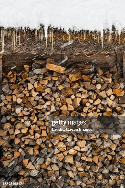 fire wood stacked outside of a traditional house in japan - かやぶき屋根 ストックフォトと画像