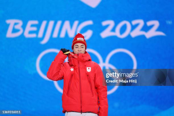 Gold medallist Ryoyu Kobayashi of Team Japan poses with their medal during the Men's Normal Hill Individual medal ceremony on Day 4 of the Beijing...