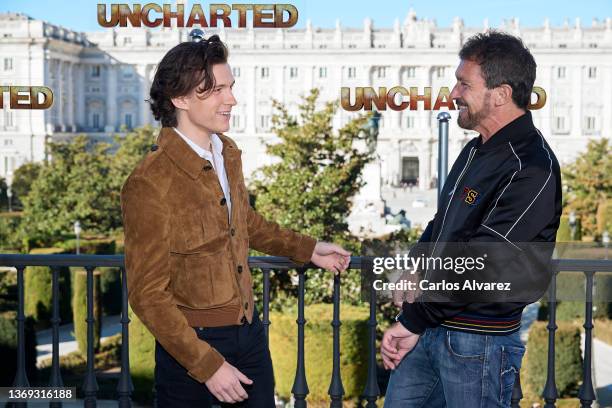 Actor Tom Holland and director Ruben Fleischer attend 'Uncharted' photocall at the Royal Theater on February 08, 2022 in Madrid, Spain.