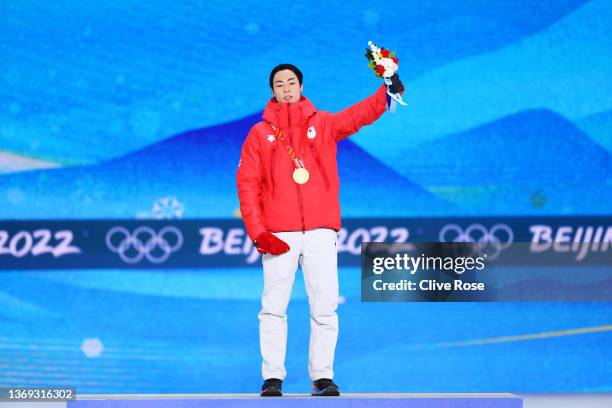 Gold medallist Ryoyu Kobayashi of Team Japan poses with their medal during the Men's Normal Hill Individual medal ceremony on Day 4 of the Beijing...