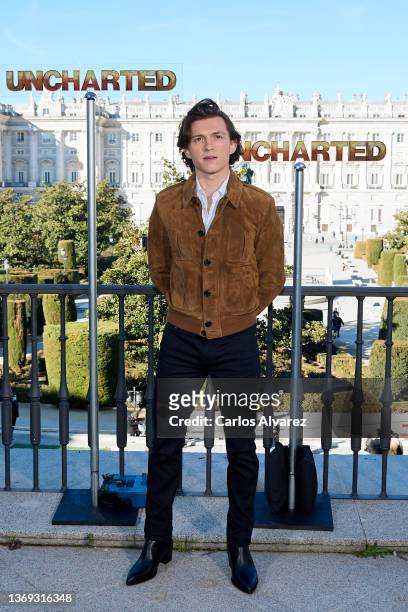 Actor Tom Holland attends 'Uncharted' photocall at the Royal Theater on February 08, 2022 in Madrid, Spain.
