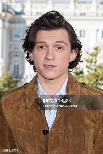 Actor Tom Holland attends 'Uncharted' photocall at the Royal Theater on February 08, 2022 in Madrid, Spain.