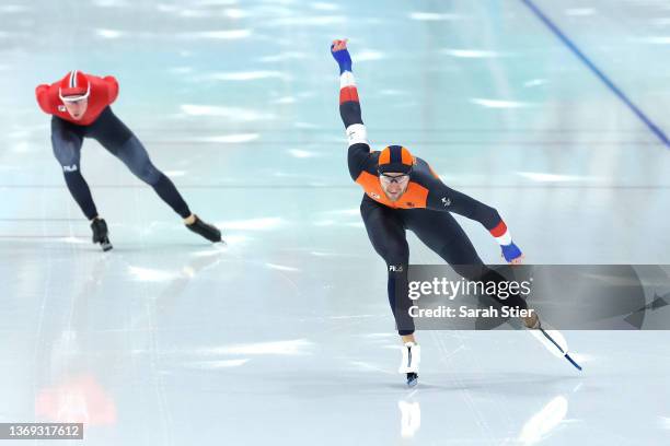 Thomas Krol of Team Netherlands skates ahead of Peder Kongshaug of Team Norway during the Men's 1500m on day four of the Beijing 2022 Winter Olympic...