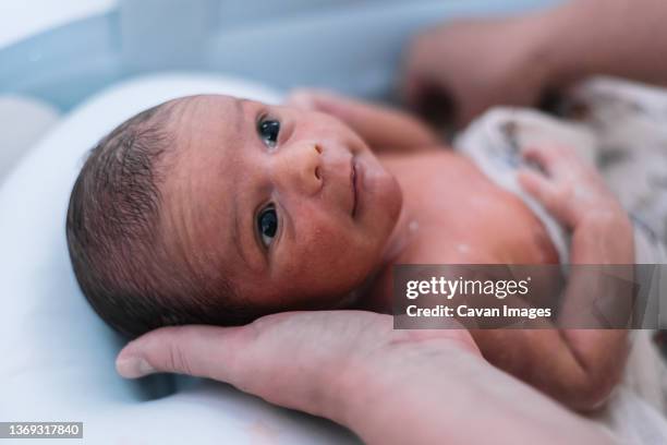 mother bathing her newborn baby in the bathtub. - woman giving birth 個照片及圖片檔