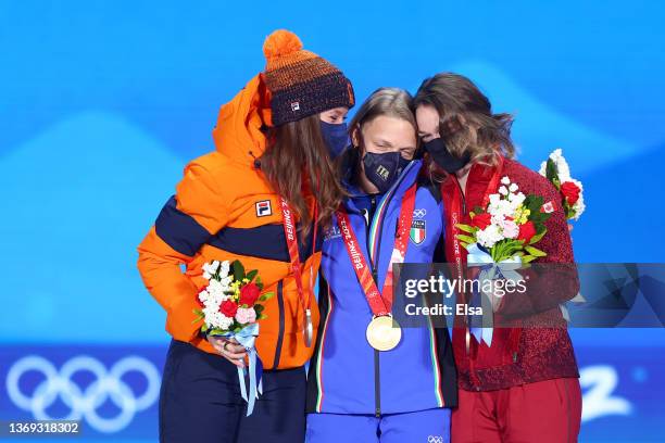 Gold medallist Arianna Fontana of Team Italy , Silver medallist Suzanne Schulting of Team Netherlands and Bronze medallist Kim Boutin of Team Canada...