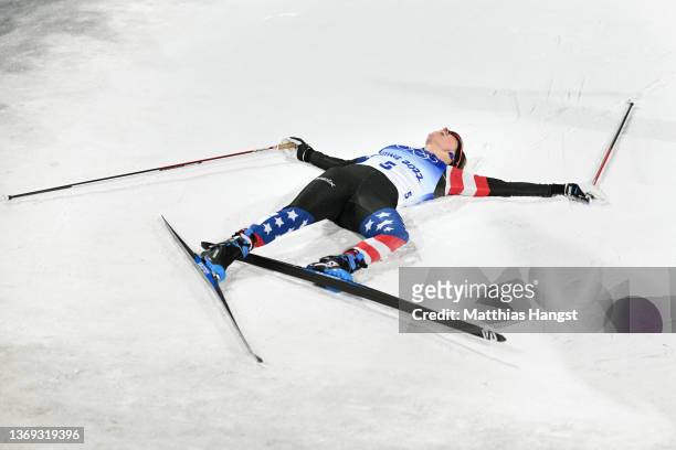 Jessie Diggins of Team United States reacts after winning the Bronze medal following the Women's Cross-Country Sprint Free Final on Day 4 of the...